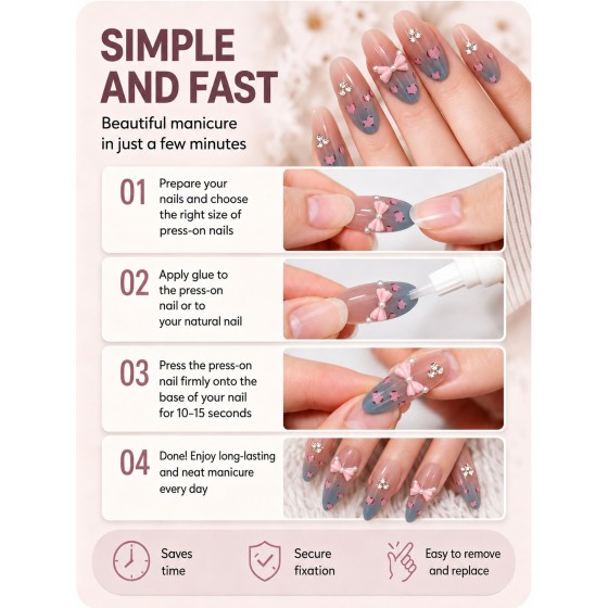Pink‑Blue Gradient Heart Press‑On Nails, Gentle 3D Bow Rhinestone Almond False Nails